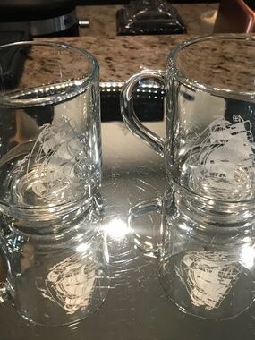 Anchor Hocking Sail Ship  Etched  Mugs .. $25
